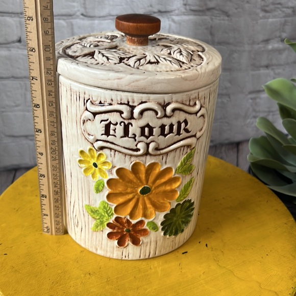 Treasure craft flour floral canister retro vintage 60s 70s BoHo bohemian wood - Picture 9 of 10